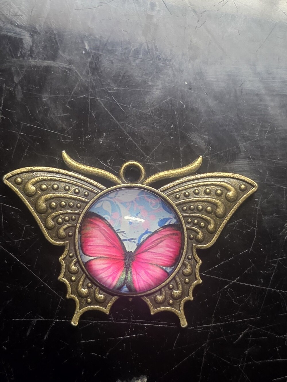 Bronze Tone Butterfly Shaped Pendant With Pink Butterfly Cabochon Inside, Pretty